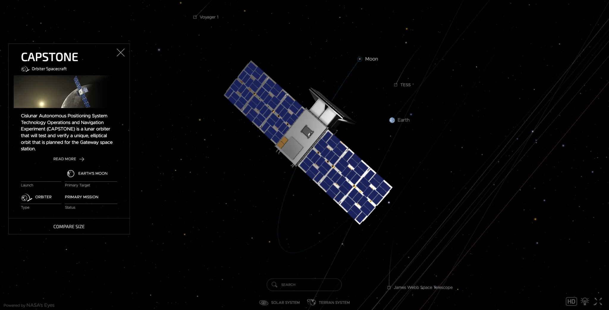 Illustration of the CAPSTONE spacecraft in the NASA’s Eyes orrery – a digital model of the solar system.