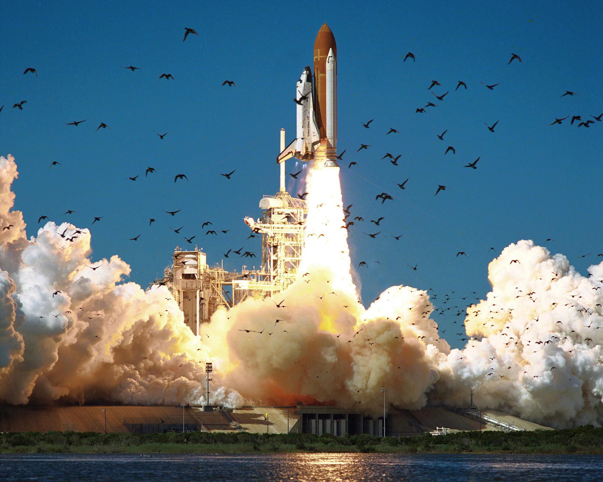 The STS-51L mission clears the tower at Launch Complex 39B at NASA’s Kennedy Space Center in Florida on Jan. 28, 1986.