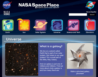 La parte superior de la sección Universe de la página web de NASA Space Place