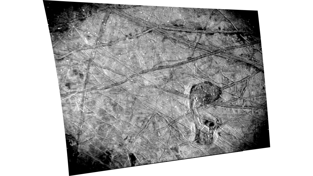 This black-and-white image of Europa’s surface was taken by the Stellar Reference Unit (SRU) aboard NASA’s Juno spacecraft during the Sept. 29, 2022, flyby. The chaos feature nicknamed “the Platypus” is seen in the lower right corner.