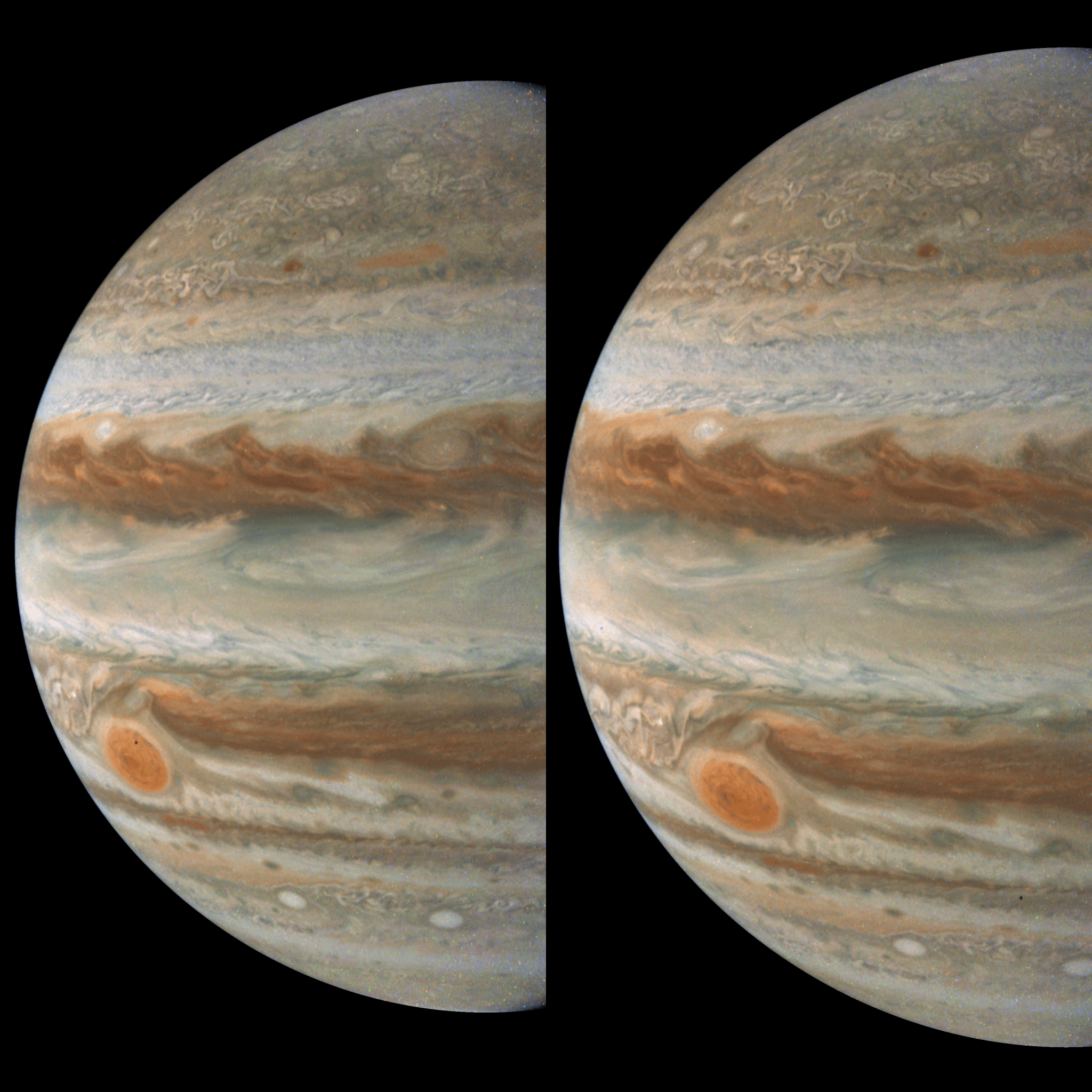 NASA’s Juno mission captured these views of Jupiter during its 59th close flyby of the giant planet on March 7, 2024. They provide a good look at Jupiter’s colorful belts and swirling storms, including the Great Red Spot.