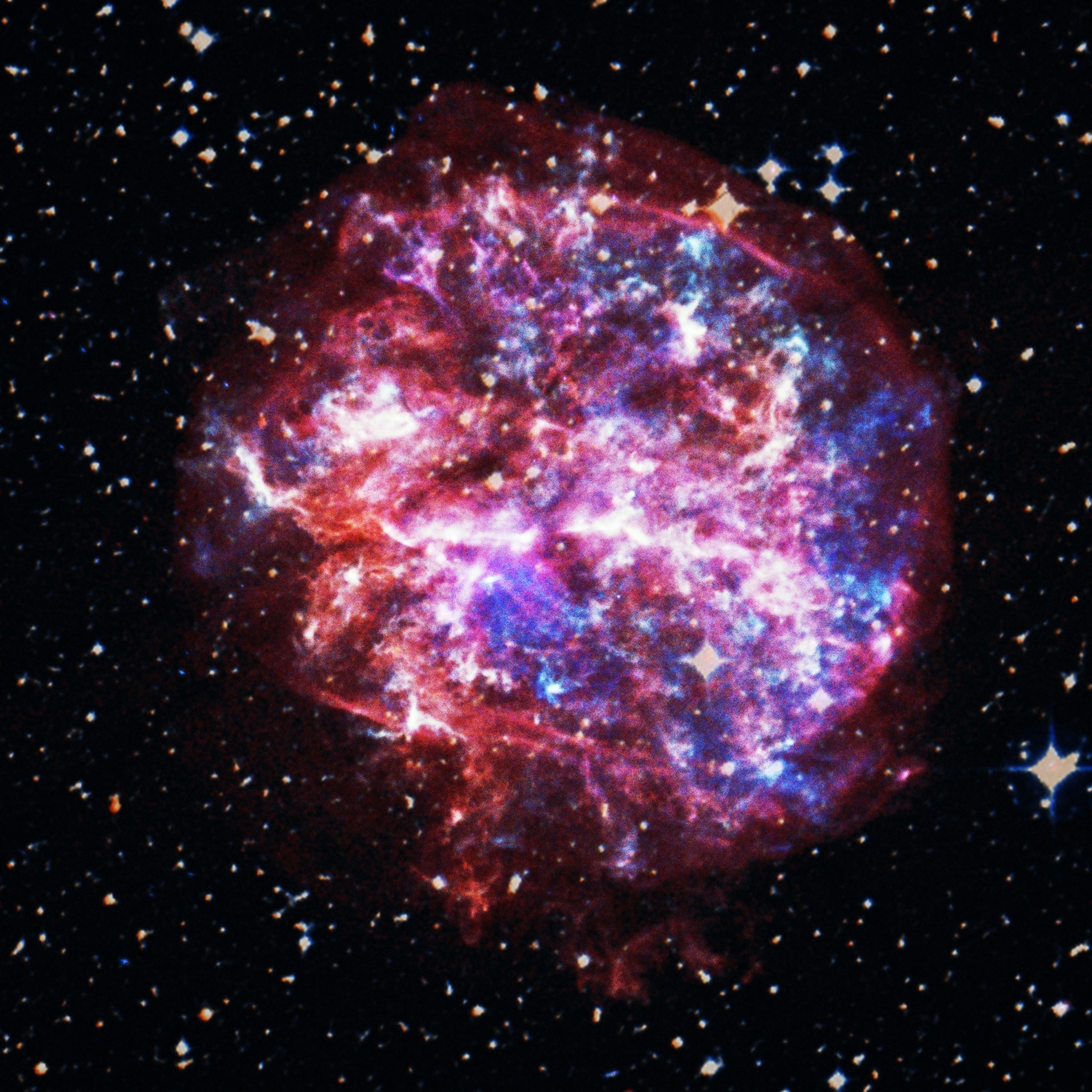 This supernova is G292.0+1.8. The G292.0+1.8 supernova remnant contains a pulsar moving at over a million miles per hour. Pulsars are rapidly spinning neutron stars that can form when massive stars run out of fuel, collapse, and explode. Sometimes these explosions produce a “kick,” which sent this pulsar racing through the remains of the supernova explosion.perhaps an iceberg on its side.