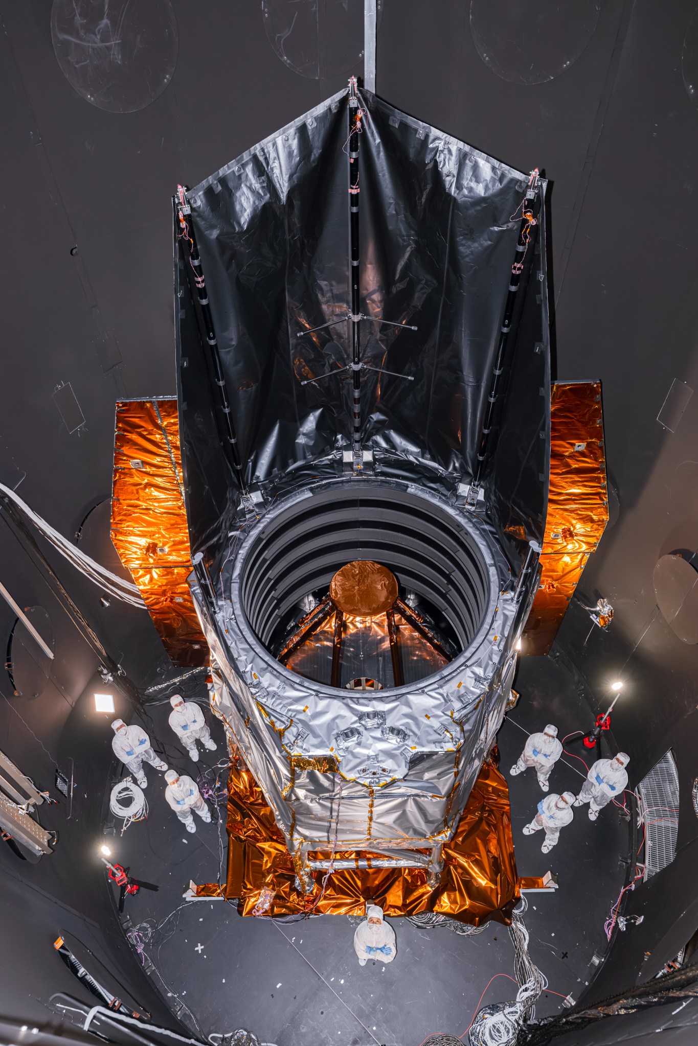 A huge subsystem of the Roman observatory in a thermal vacuum chamber